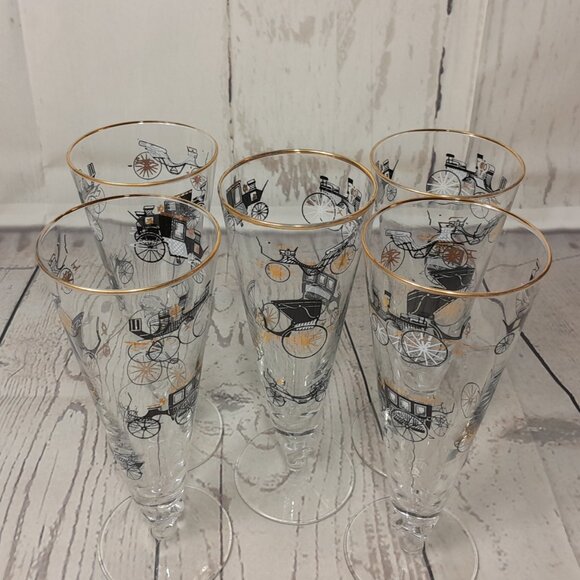 Libbey Champagne Glass Curio Carriage Set Of 5 Trumpet Fluted MCM Black Gold Car - Picture 7 of 11